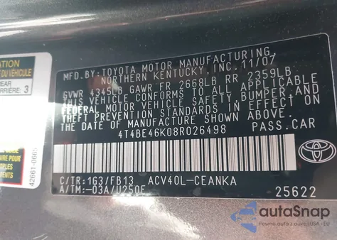 2008 Toyota Camry Le from USA, damaged, VIN 4T4BE46K08R026498